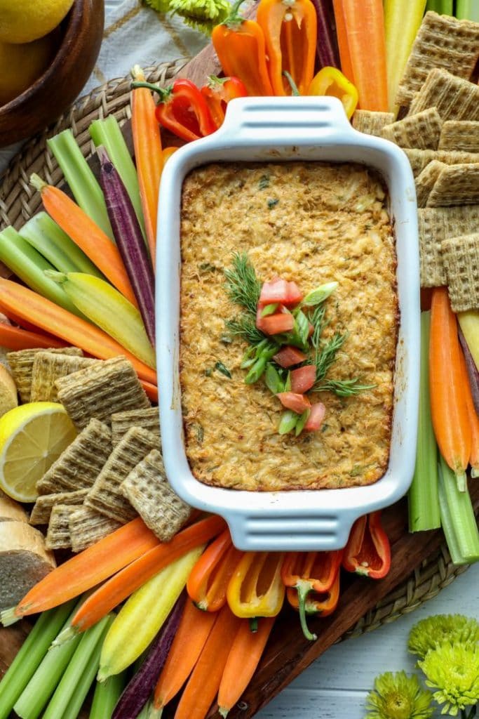 Easy Smoked Crab Dip on a platter with veggies