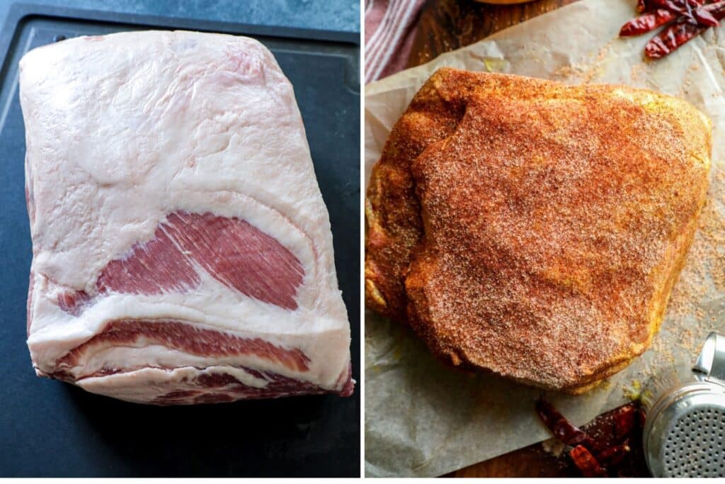 Preparing the pork butt for making pulled pork on the big green egg