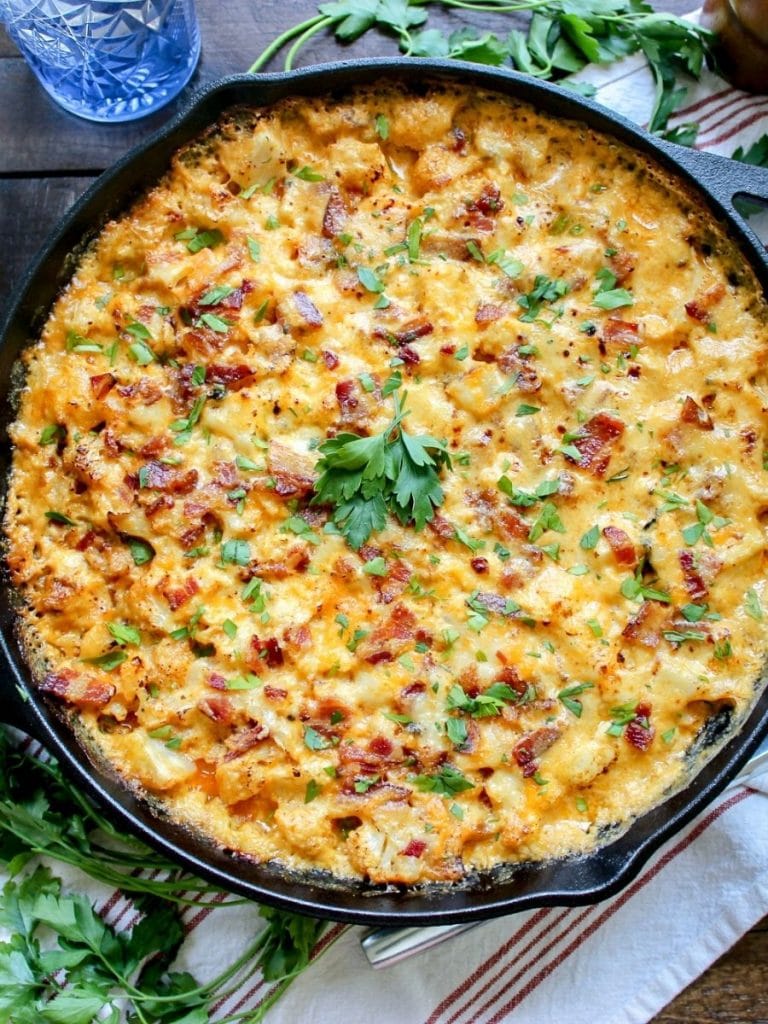 Grilled Cauliflower Bacon Mac and Cheese