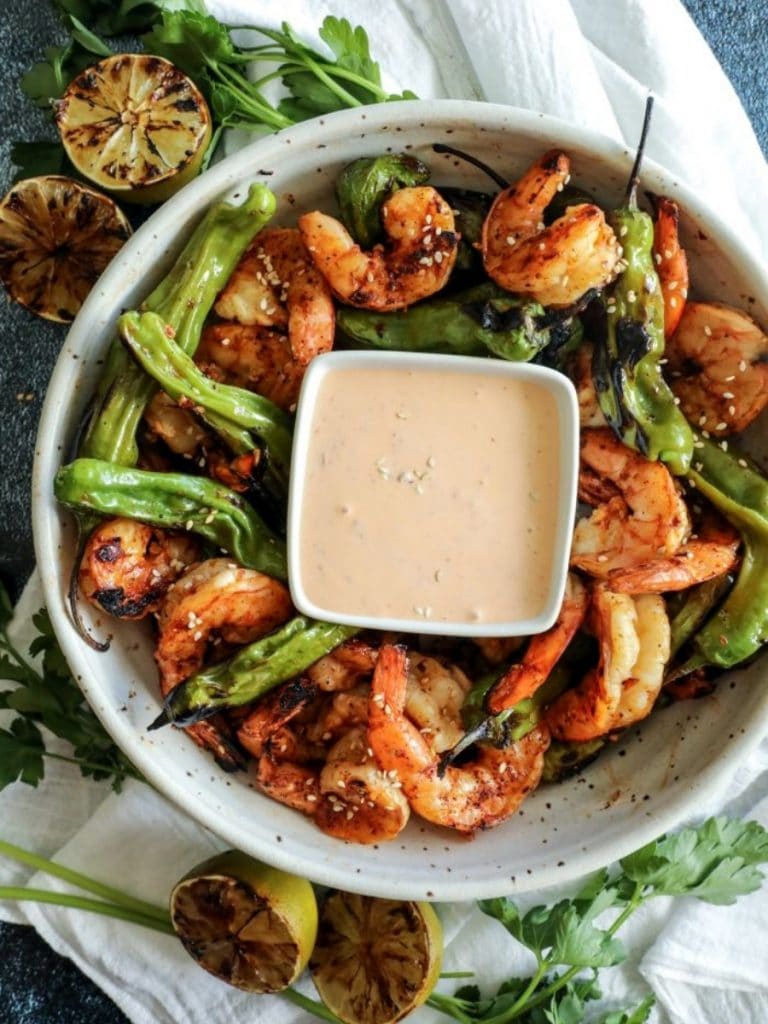 Easy Grilled Sesame Shrimp with Shishito Peppers