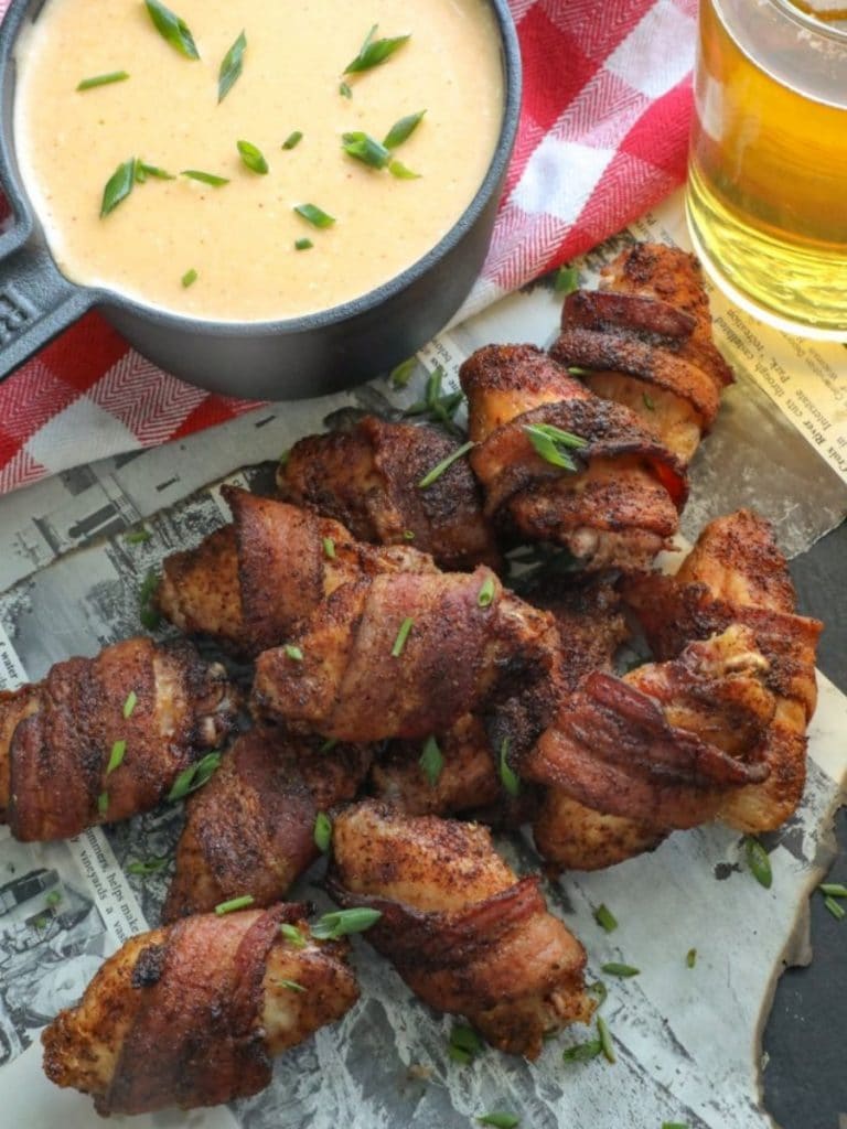 Bacon Wrapped Chicken Wings with Beer Cheese Sauce