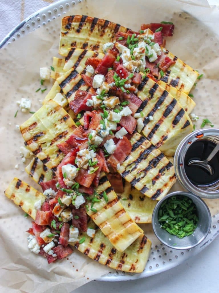 Grilled Yellow Squash with Bacon, Blue Cheese and Balsamic