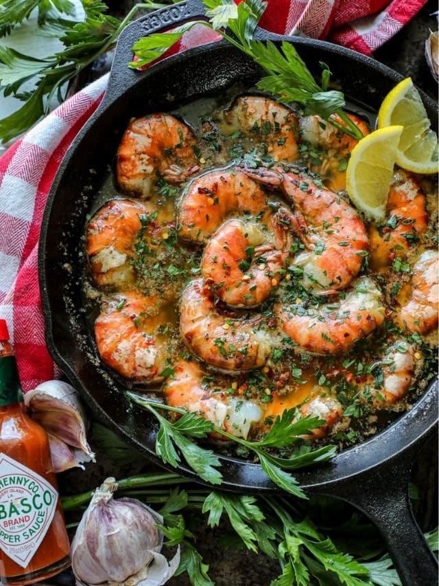 Smoked shrimp in a cast iron pan