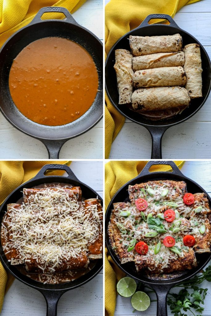 Brisket enchilada assembly in the pan