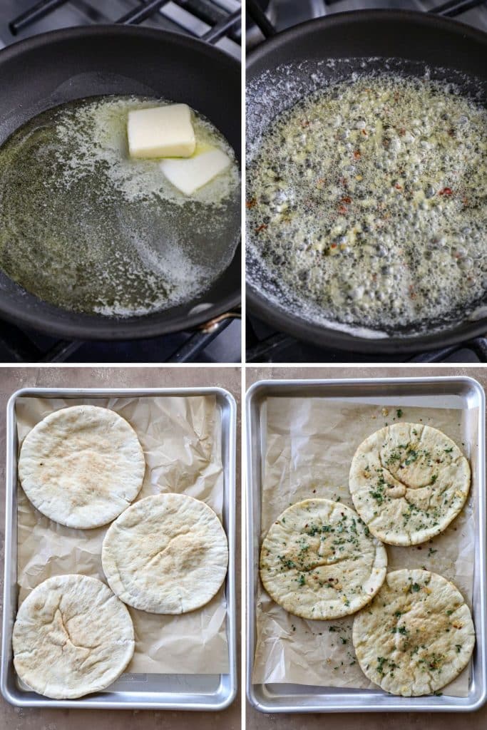 Side by side photos of steps to make garlic pita bread.