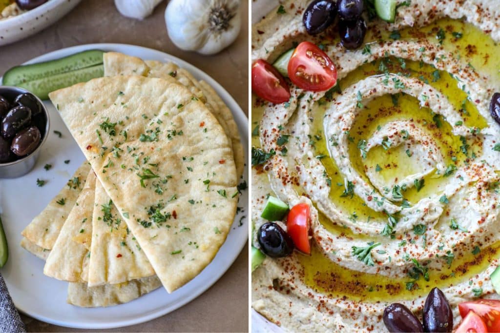 Side by side photos of pita bread and baba ganoush.