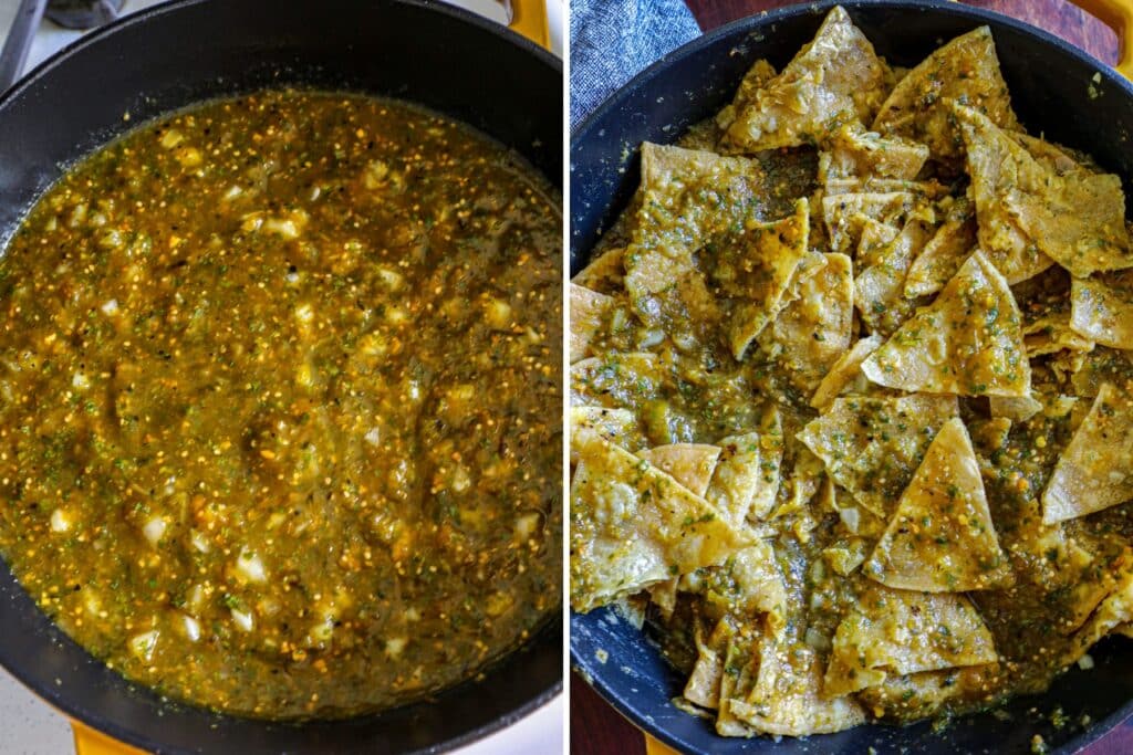 Frying the tortilla chips in salsa verde