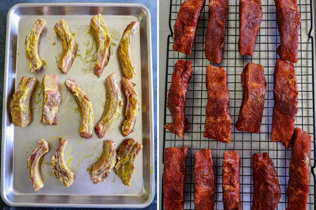 Prepping the individually smoked ribs