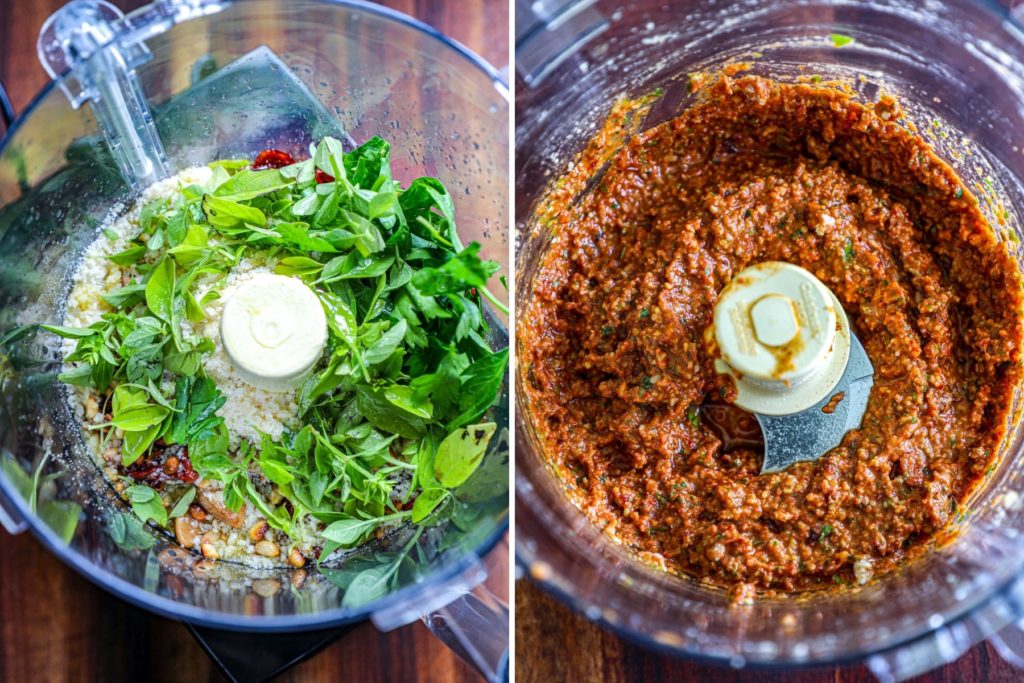 Blending Sun Dried Tomato Basil Pesto in a food processor