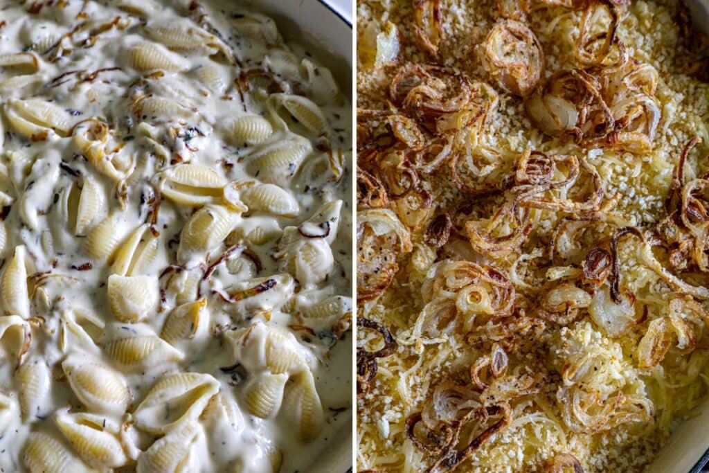 Assembling and baking the french onion mac and cheese