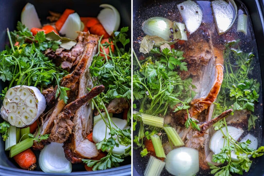 Slow cooker turkey stock being prepped in the slow cooker with water